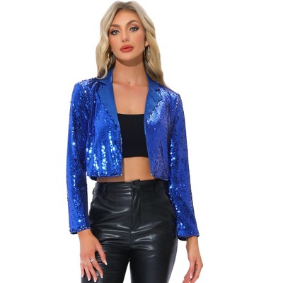 Allegra K Women's Sequin Party Lapel Collar Open Front Crop Sparkle Blazer