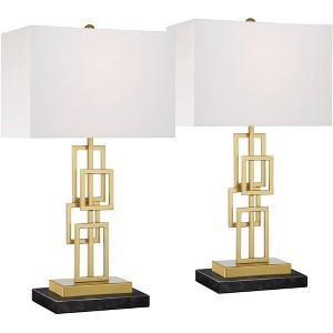 360 Lighting Gale Modern Mid Century Table Lamps Set of 2 with Black Marble Risers 26" High Brushed Gold Grid White Shade for Bedroom Living Room Home - 1 of 4