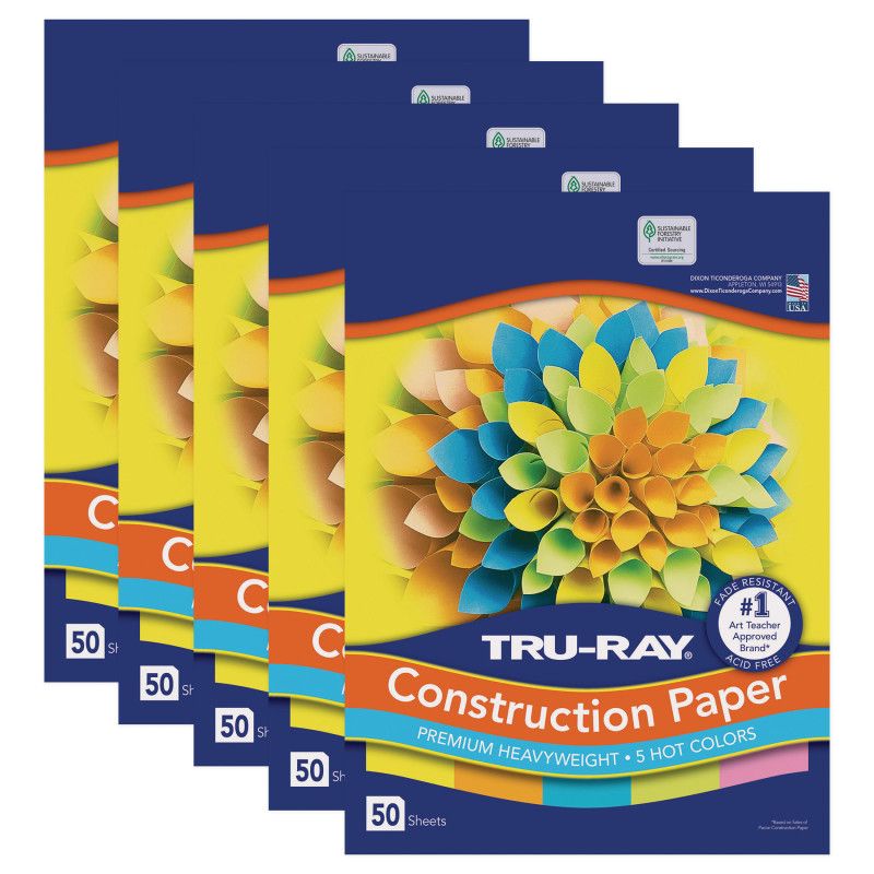 Tru-Ray Construction Paper, 5 Assorted Hot Colors, 12" x 18", 50 Sheets Per Pack, 5 Packs, 1 of 2