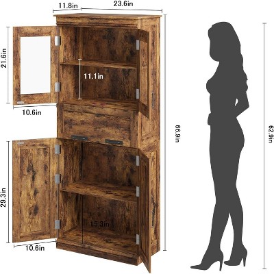Product dimensions diagram showing an assembled tall cabinet with doors open and measurements