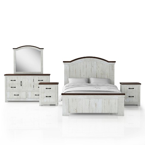 5pc Queen Willow Rustic Bedroom Set, White Washed Distressed Bedroom Furniture