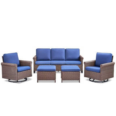 Buenhomino Patio Conversation Set 5-Pieces Wicker Outdoor Furniture Conversation Set with 3-Seat Sofa, 2 Swivel Rocker Chairs, 2 Ottomans