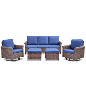 Buenhomino Patio Conversation Set 5-Pieces Wicker Outdoor Furniture Conversation Set with 3-Seat Sofa, 2 Swivel Rocker Chairs, 2 Ottomans - 1 of 4
