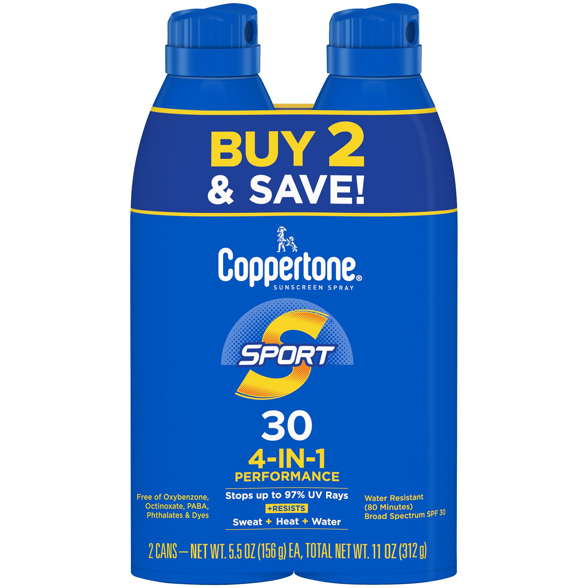 Coppertone Sport Sunscreen Spray - SPF 30 - Twin Pack 11oz: Whole Body Protection, Paraben-Free, Scented, Homosalate