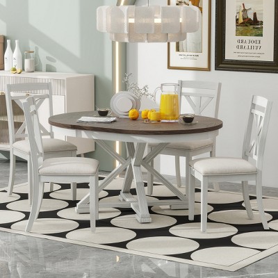 Vintage Extendable Round Dining Set, Solid Wood Table and 4 Upholstered Chairs, 42"-54" Adjustable for Kitchen Dining Room-3irtyhousy