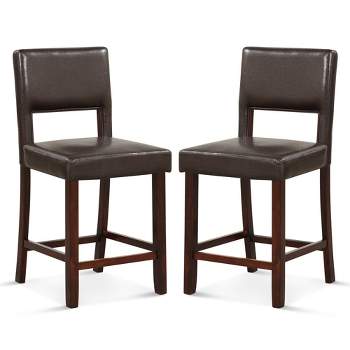 Costway Set of 2 Upholstered Linen Bar Stools 24.5'' Wooden Dining Chairs with Back Beige/Brown