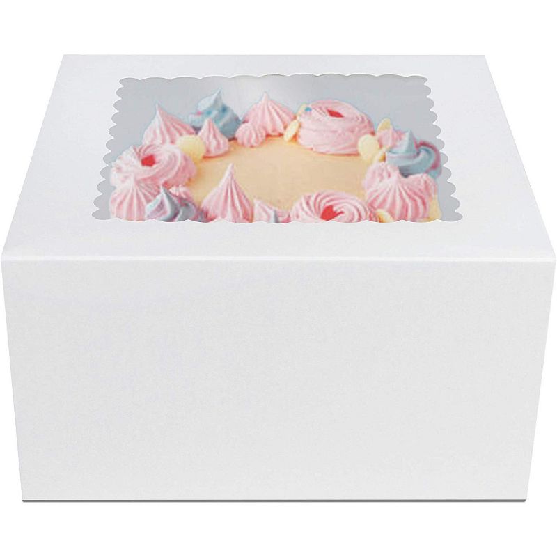 O'Creme White Square Cake Box 8 x 8 x 5 Inch, with Scalloped Window, Kraft Paperboard Bakery Box with Auto-Popup Window - Pack of 25, 4 of 7