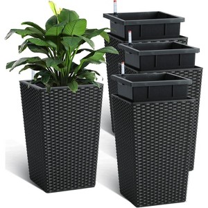 16 Inch Tall Rattan Planter Set of 4, Self Watering Plant Pots with Water Level Monitor, Outdoor and Indoor Flower Pots for Patio, Porch, Living Room - 1 of 4