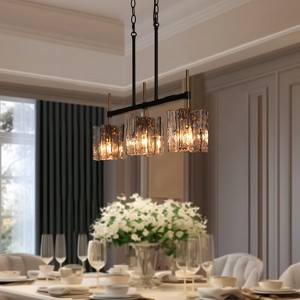 LNC Echonalyri Modern Kitchen Island Pendant  Lights,Polished Gold and Matte Black with Smoked Gray Ribble Glass,1/3/5Light, 4.7/11.8/18.7/24.8/35.4in - 1 of 4