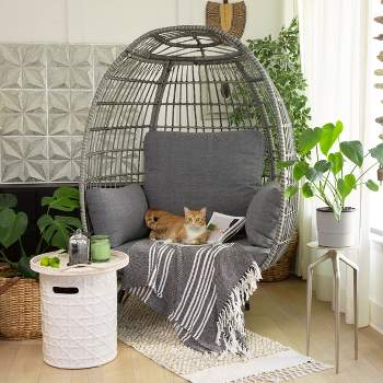 Oversized Egg Chair Style Wicker Chair with Canopy & 4 Cushions -Grey