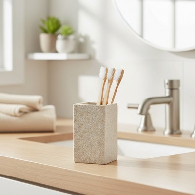 Evideco French Home Goods Modern Square Resin Stone Effect Bathroom Tumbler – Versatile Toothbrush Holder, Makeup Brush Cup and Countertop Organizer