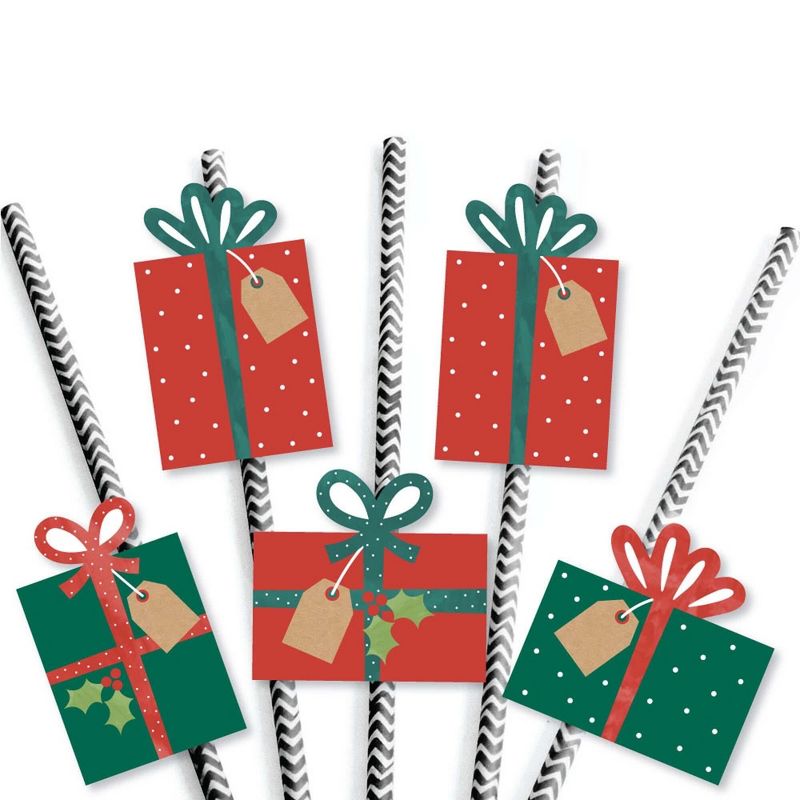 Big Dot of Happiness Happy Holiday Presents - Paper Straw Decor - Christmas Party Striped Decorative Straws - Set of 24, 5 of 6