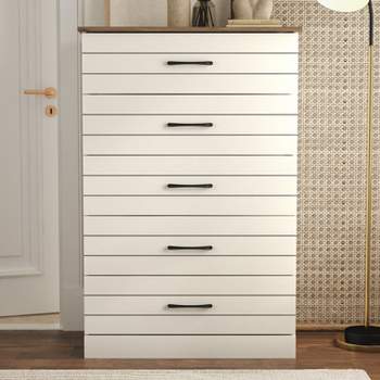 Galano Elis 5 Drawers 31.5 in. Wide Chest of Drawer in Ivory with Knotty Oak, Amber Walnut