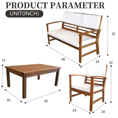 4-Piece Acacia Wood Outdoor Seating Set with White Cushions
