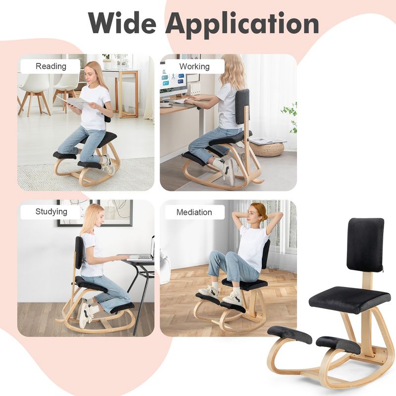 Costway Ergonomic Kneeling Chair Upright Posture Velvet Support Chair with Backrest Black\Grey, 5 of 11