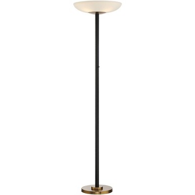 Possini Euro Design Modern Torchiere Floor Lamp LED 72" Tall Black Antique Brass White Glass Shade for Living Room Reading Uplight
