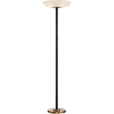 Possini Euro Design Modern Torchiere Floor Lamp LED Black Antique Brass White Glass Shade for Living Room Reading Uplight