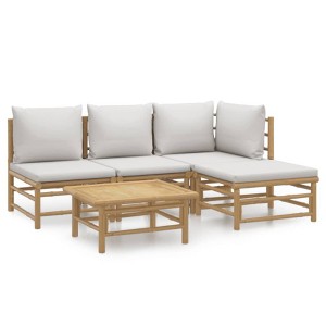 vidaXL Patio Furniture Set 5 Piece Lounge Set - Bamboo, Light Gray Cushions, Modular Design - Garden, Deck, Outdoor Sofa Set with Table and Footstool - 1 of 4