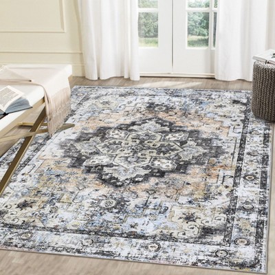 Boho Floral Vintage Faux Wool Washable Area Rug Ultra Thin Stain Resistant Pet Friendly Non Slip Accent Carpet for Living Room Bedroom Kitchen