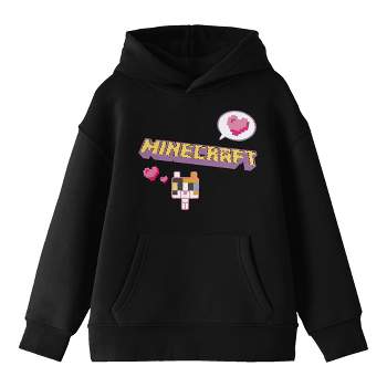 Minecraft Block Kitten with Block Heart and Logo Youth Black Graphic Hoodie
