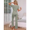 cheibear Women's Ribbed Knit Short Sleeve Round Neck Sweatsuit with Pants 2 Piece Pajama Set - 3 of 4