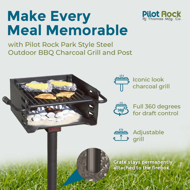 Pilot Rock H-16 B6X2 Park Style Heavy Duty Steel Outdoor BBQ Charcoal Grill with Cooking Grate & 360 Degree Swivel Post for Camping or Backyard, Black, 4 of 7