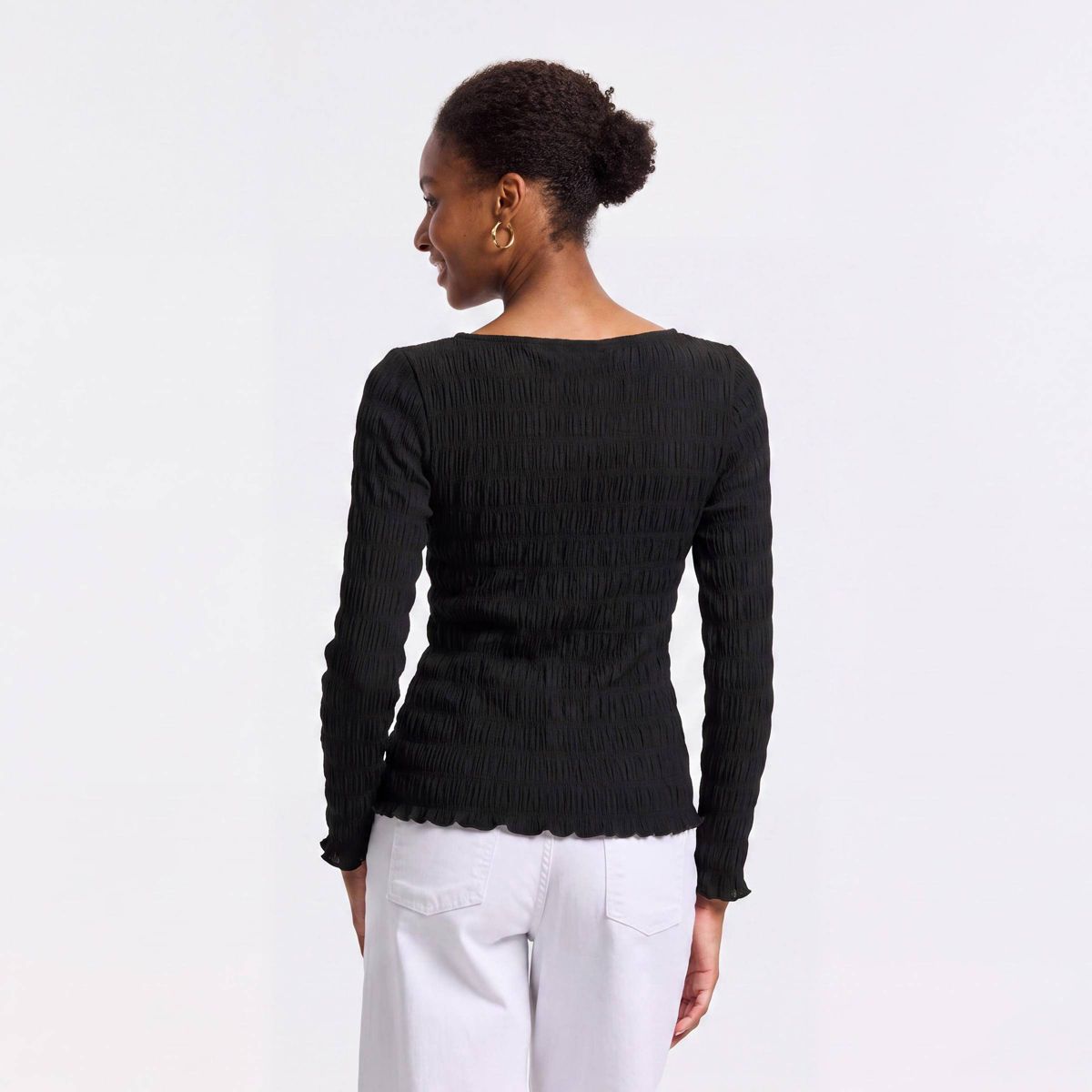 Women's Long Sleeve Boat Neck Crinkle Top - A New Day™ - thumbnail 2