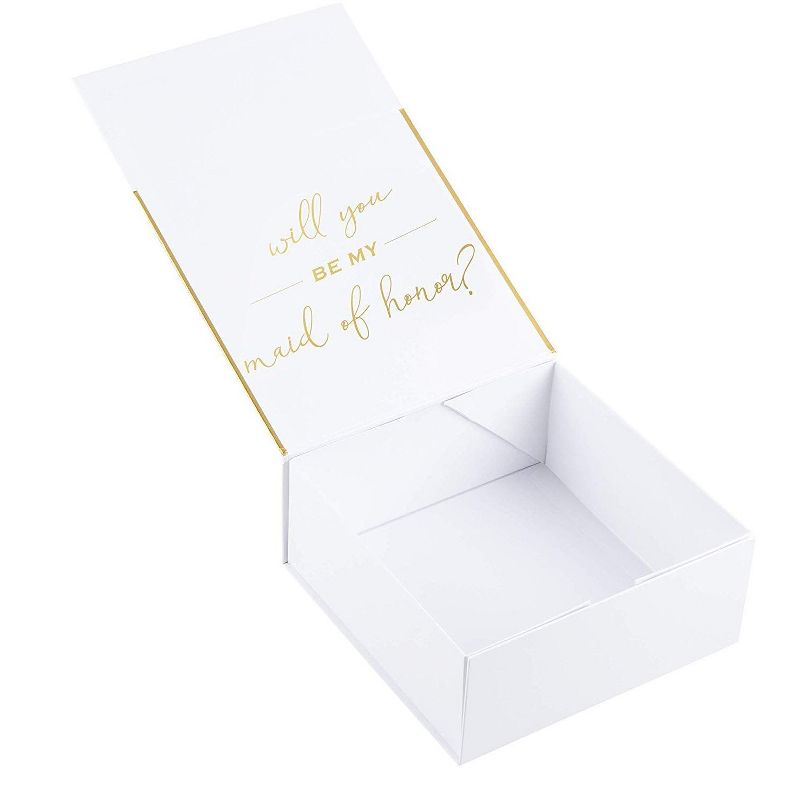 Juvale 2 Bridesmaid Proposal Box and 1 Maid of Honor Proposal Gift Box, Gold Foil Text and Border, White, 8 x 8 x 3.6 Inches, 5 of 7