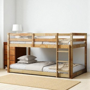 Mshliw Solid Rubber Wood Twin over Twin Floor Bunk Bed with Ladder, Low Height Wooden Bunk Bed Frame with Strengthened Slats and Guardrails - 1 of 4