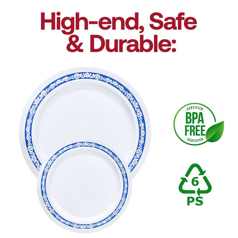 Smarty Had A Party White with Blue and Silver Royal Rim Plastic Dinner Plates (10.25") (120 Plates), 5 of 8