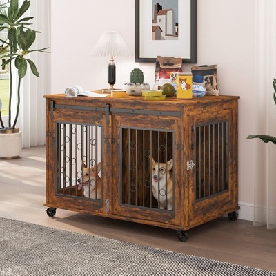 Kumasinova Dog Crate Furniture with Sliding Doors,Dog Cage with Divider Panel,Dog Kennel Indoor for 2 Puppies,Dog Crates for Medium Dogs,Rustic Brown