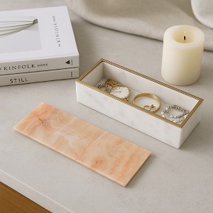 Decorative Box for Home Decor with Lid - Marble Jewelry and Keepsake Storage Box Ideal for Living Room Decor, Entryway, or Bookshelf - 2" White & Tan - 1 of 4