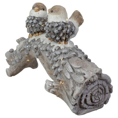 Rustic Gray Ceramic Birds on Snowy Log Holiday Decoration