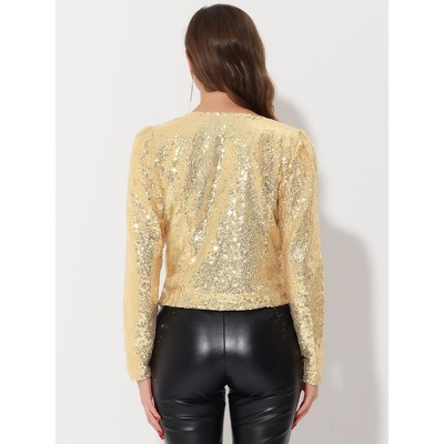 Allegra K Women's Long Sleeve Sparkly Sequin Crop Open Front Jackets Gold Medium — фото 4