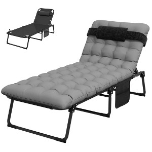 Resenkos Outdoor Folding Chaise Lounge Chair With 4-Position Adjustable Backrest, Magazine Pocket, Removable Head Pillow, Gray - 1 of 4