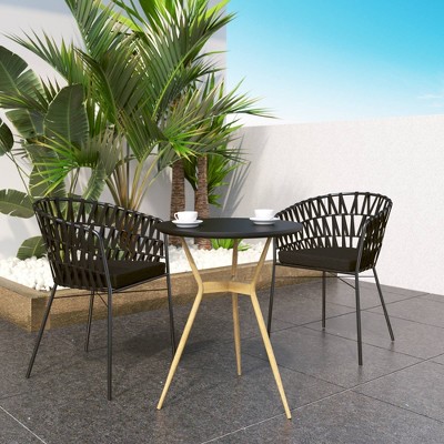 3pc Outdoor Bistro Dining Set with Wrapped Rope Dining Arm Chairs & Cushions - Black - TK Classics