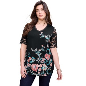 Roaman's Women's Plus Size Ultra Drape V Neck Lace Print Tee - 1 of 4
