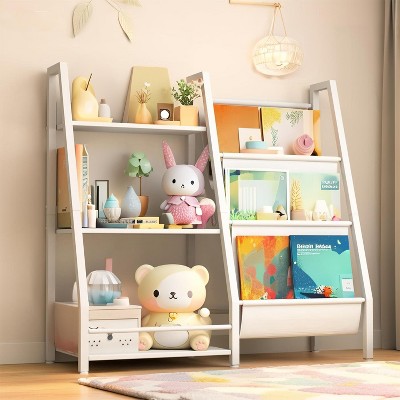 Vynxaria Bookshelf Series 24 in. Wide White Metal 3-Shelf Kids Bookcase with Extra Pocket