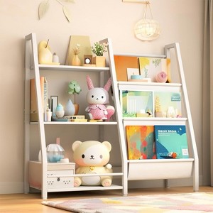 Vynxaria Bookshelf Series 24 in. Wide White Metal 3-Shelf Kids Bookcase with Extra Pocket - 1 of 4