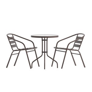 Flash Furniture Lila 23.75'' Round Glass Metal Table with 2 Metal Aluminum Slat Stack Chairs - 1 of 4