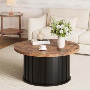 31.9" Round Coffee Table, Mid Century Modern Coffee Table with Metal Base, Fluted Center Table for Living Room, Home Small Space, Apartment - 1 of 4