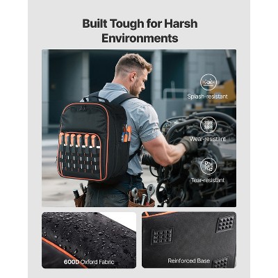 VEVOR Tool Backpack, 49 Pockets, Heavy-duty Tools Storage Organizer Work Bags with Laptop Compartment & Reinforced Fabric Base, Black+Orange — фото 4
