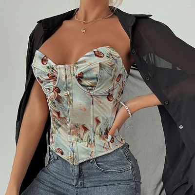 Women's Corset Strapless Printed Vest Front Buckle Back Lace - up Top