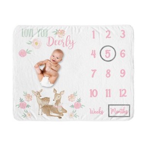 Sweet Jojo Designs Girl Milestone Swaddle Baby Blanket Deer Floral Pink Mint and White - 1 of 4