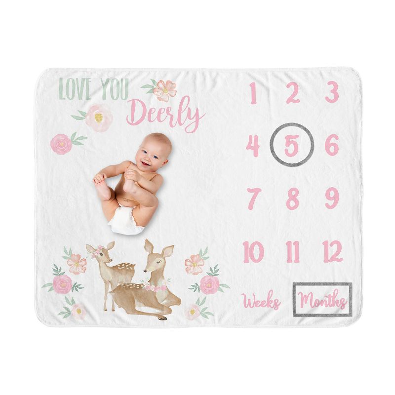 Sweet Jojo Designs Girl Milestone Swaddle Baby Blanket Deer Floral Pink Mint and White, 1 of 7
