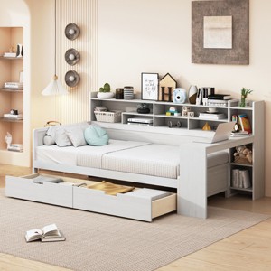 Wooden Full Size Bed Frame With Storage Shelves And 2 Storage Drawers,Multi-functional Bed With A Study Desk -Maison Boucle - 1 of 4