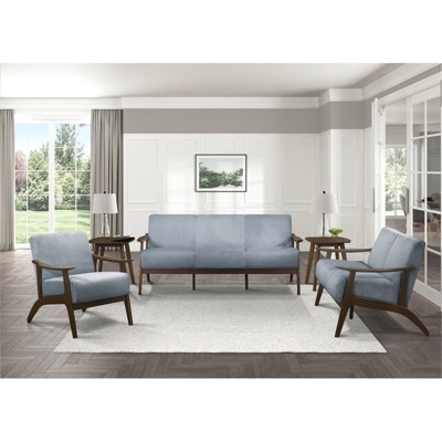 Carlson Blue Gray Velvet Loveseat with Dark Walnut Wood Frame