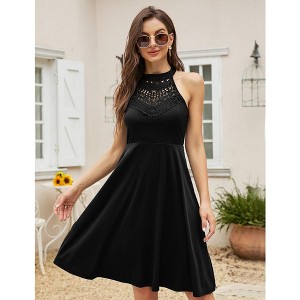Women’s High Neck Halter Sundress Lace Flared Swing Skater Dress Sleeveless Casual Cocktail Dresses - 1 of 4