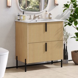 KWPZQEB 30" Modern Bathroom Vanity with Ceramic Sink, Vanity Cabinet w/ 2 Full-Extension Drawers & Vertical Pulls,Fluted Design Bath Vanity Sink Combo - 1 of 4