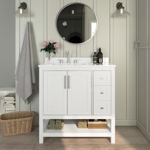 Emma and Oliver Bathroom Vanity, Single Sink Cabinet with 2 Soft Close Doors, Open Shelf and 3 Drawers, Carrara Marble Finish Countertop - 1 of 4